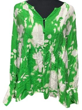 Simply Vera Vera Wang Blouse XL Green White Floral Tie Dye Pintuck Long Sleeve